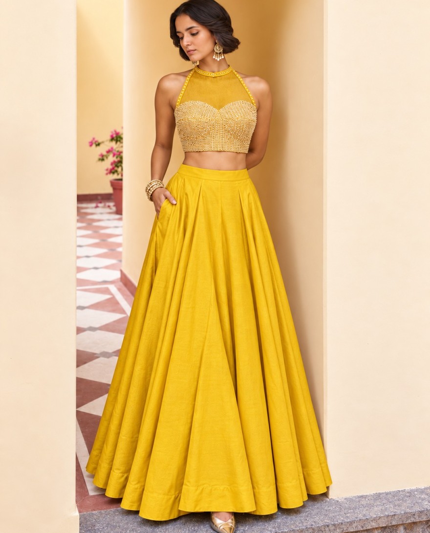 9027 - Epitome Embroidered Yellow Lehenga Choli